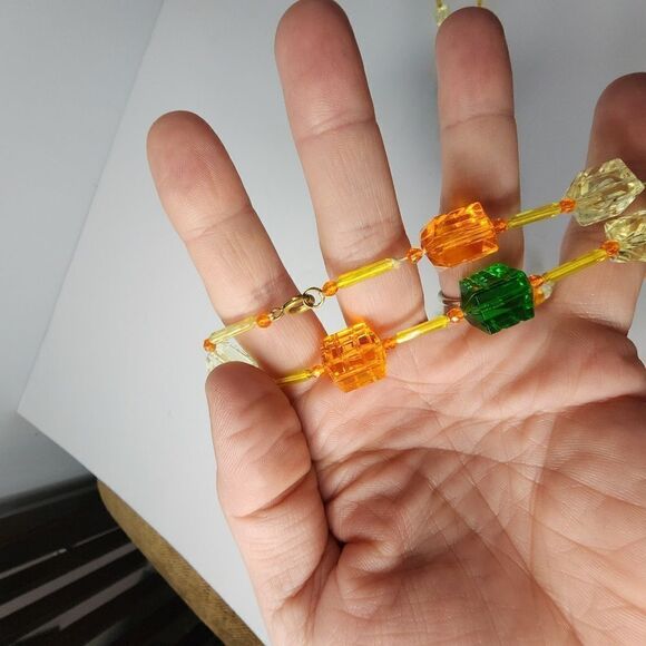 Vintage Lucite Faceted Cube Necklace Orange Yellow Green - Picture 3 of 4